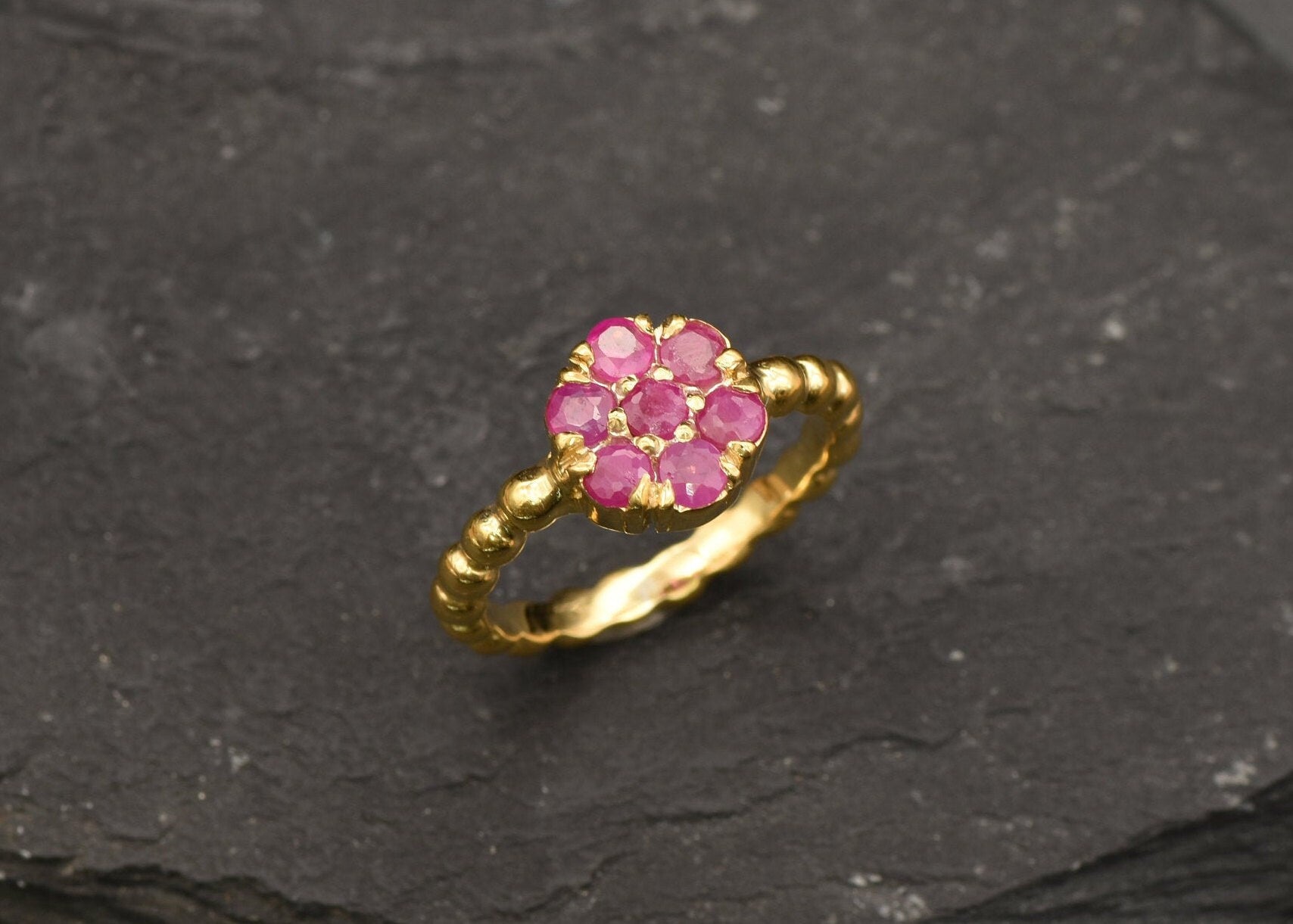 Gold Ruby Ring, Natural Ruby, Red Flower Ring, Daisy Ring, July Birthstone, Stackable Ring, Dainty Bubble Band, Gold Plated Ring, Vermeil