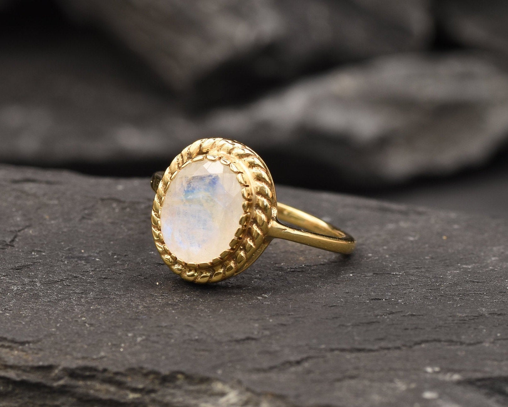 Gold Moonstone Ring, Natural Moonstone, June Birthstone, Gold Solitaire Ring, Promise Ring, Dainty Ring, Gold Plated Ring, Rainbow Moonstone