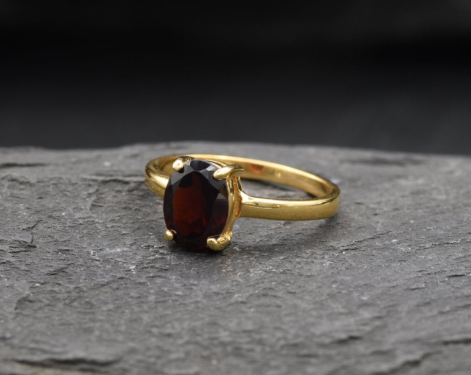 Gold Garnet Ring, Natural Garnet, January Birthstone, Gold Solitaire Ring, Gold Dainty Ring, Red Stone Ring, Vintage Ring, Gold Plated Ring