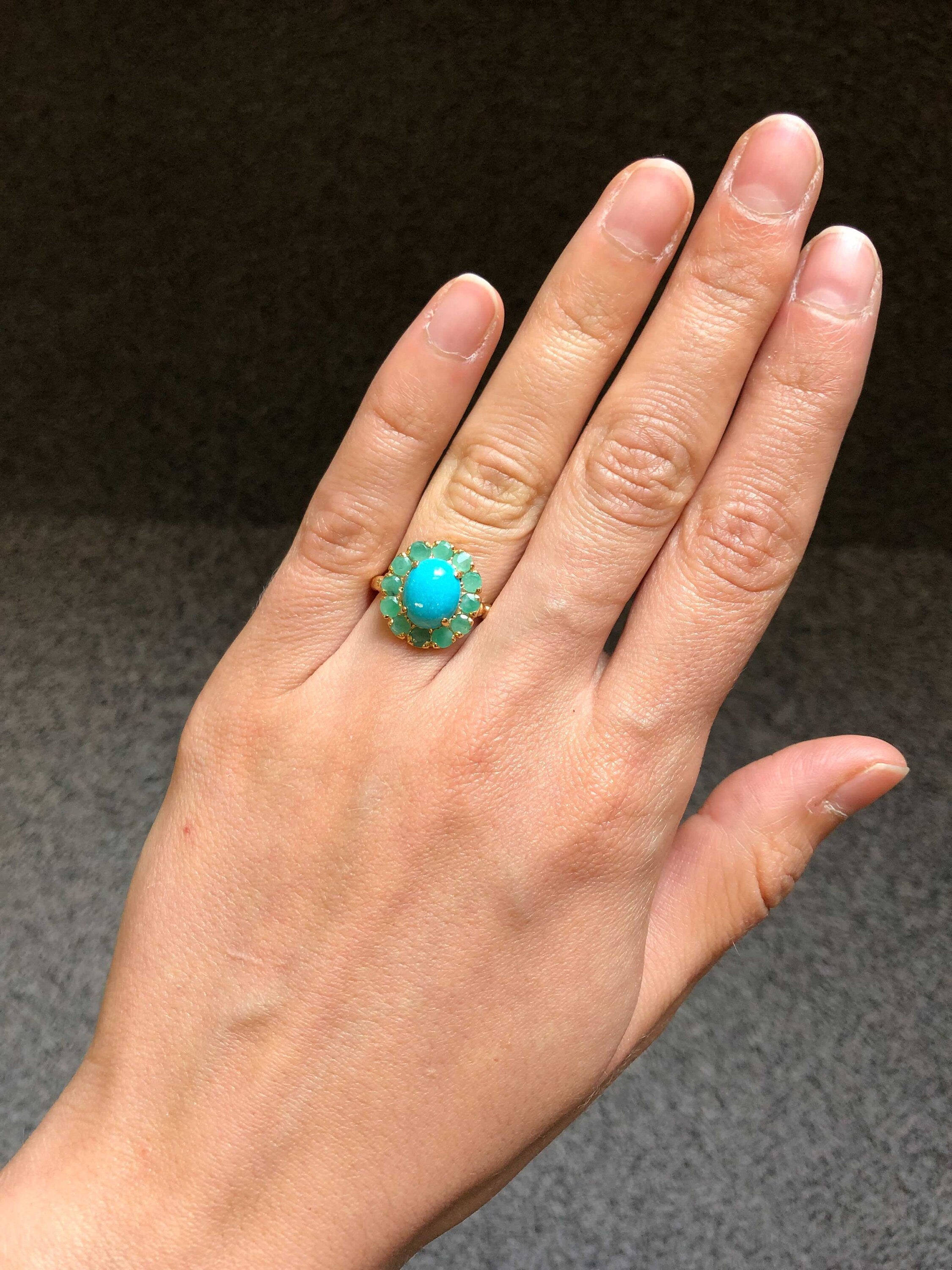 Gold Turquoise Ring, Victorian Ring, Natural Turquoise, Gold Flower Ring, Antique Ring, Turquoise Ring, 3 Carat Ring, Emerald Ring, Vermeil