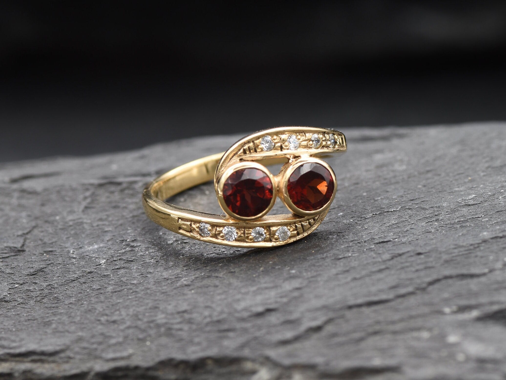 Bypass Garnet Ring, Natural Garnet, Two Stone Ring, January Birthstone, Vintage Ring, Red Antique Ring, Red Boho Ring, Sterling Silver Ring
