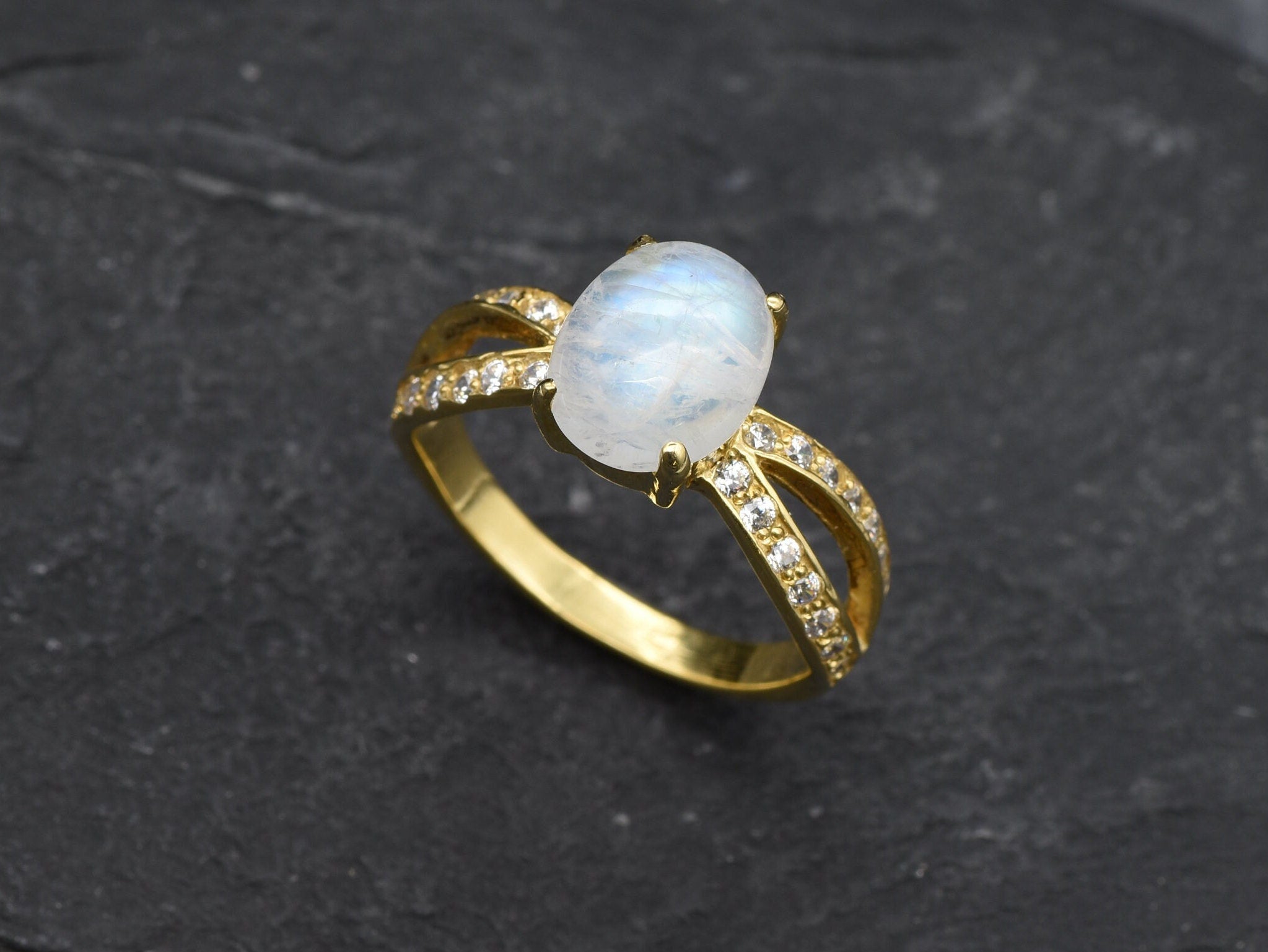 Gold Moonstone Ring, Moonstone Ring, Natural Moonstone, June Birthstone, Engagement Ring, Vintage Ring, Gold Solitaire Ring, 925 Silver Ring