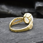 Rainbow Moonstone Ring with Split Pave Band in Gold Vermeil