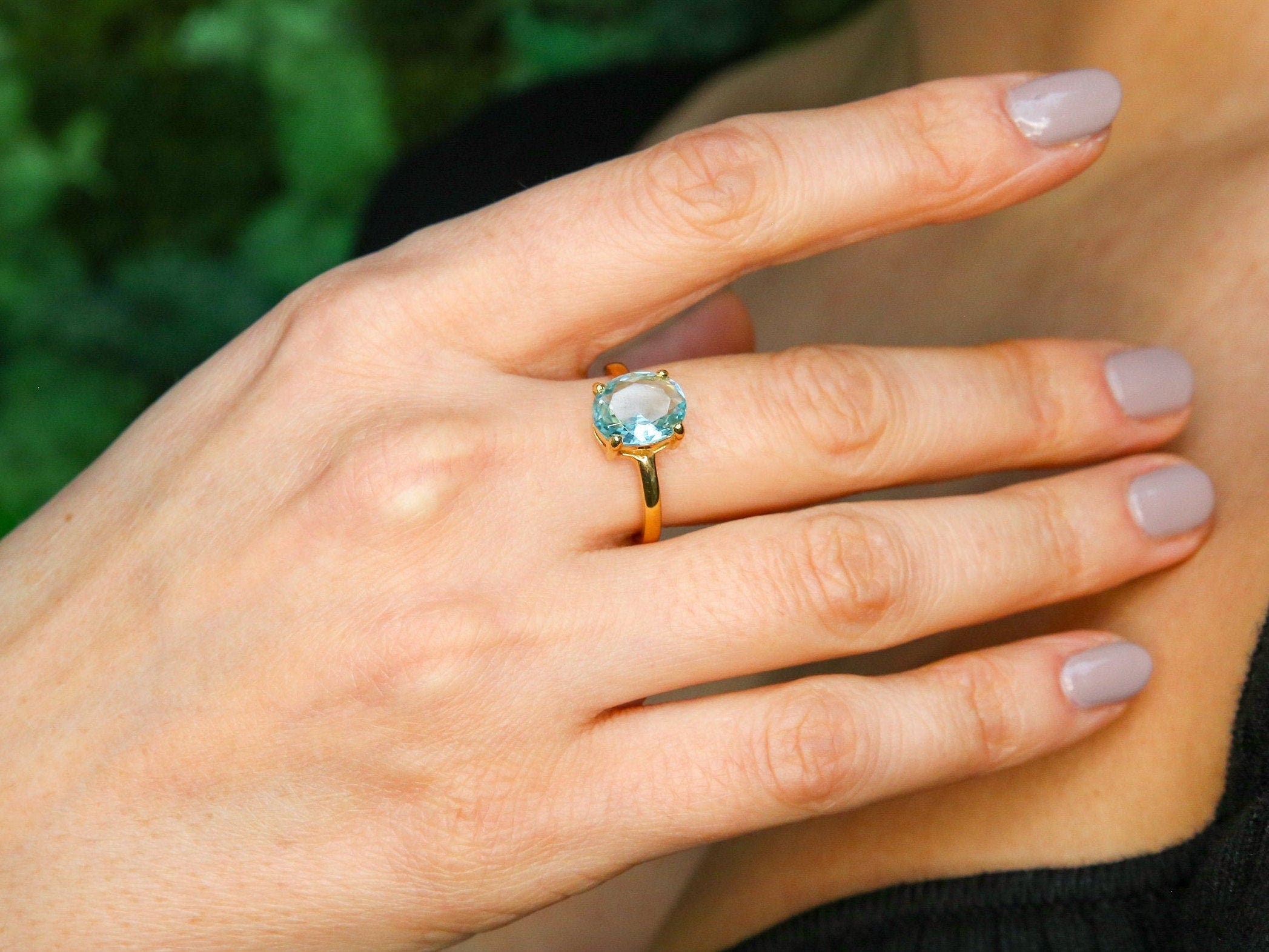 Gold Aquamarine Ring, Aquamarine Ring, Created Aquamarine, Blue Solitaire Ring, Blue Diamond Ring, Gold Vermeil Ring, Gold Promise Ring, 18K