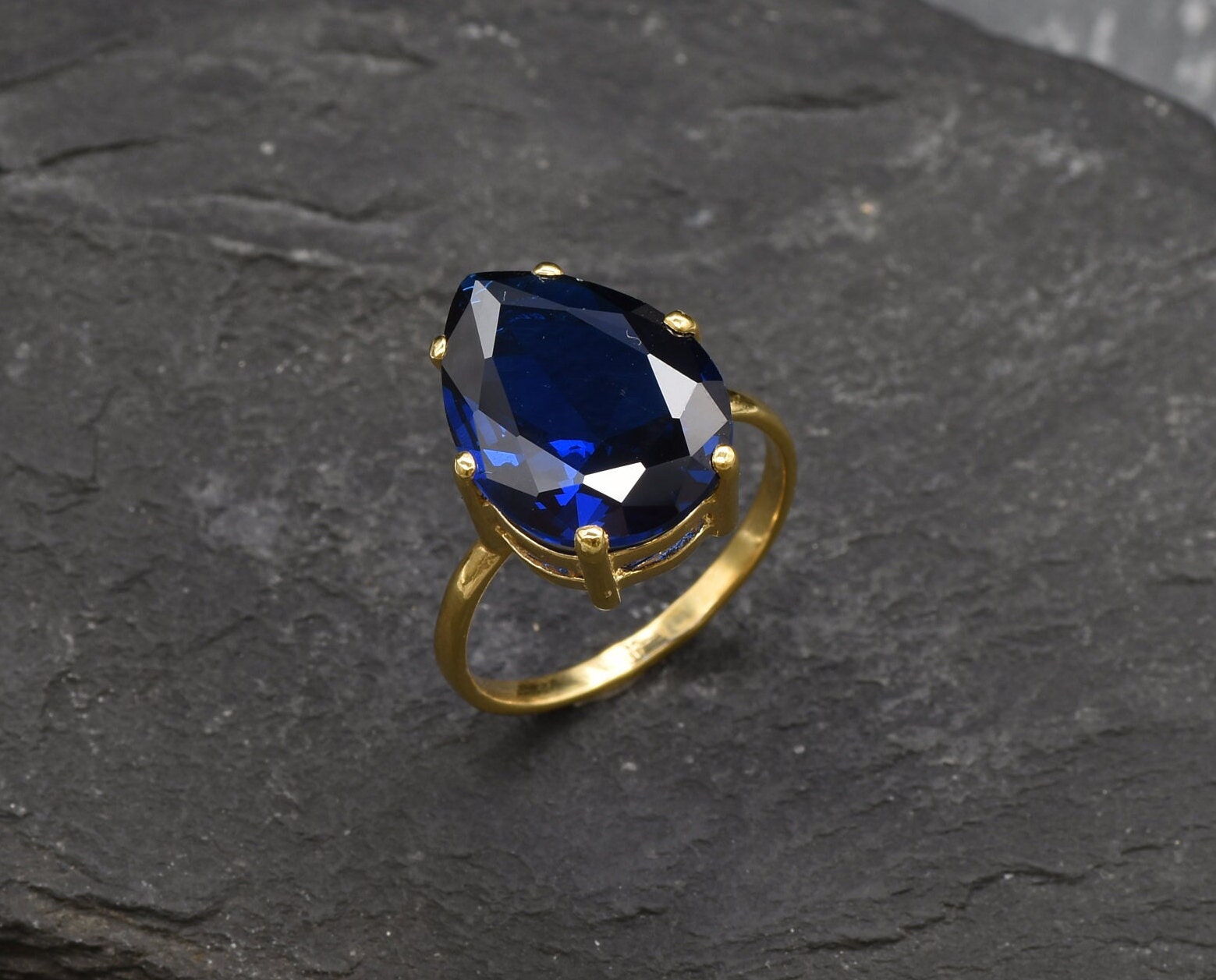 Gold Sapphire Ring, Created Sapphire, Gold Teardop Ring, Gold Pear Ring, Blue Engagement Ring, Royal Blue Ring, Vintage Ring, Vermeil Ring