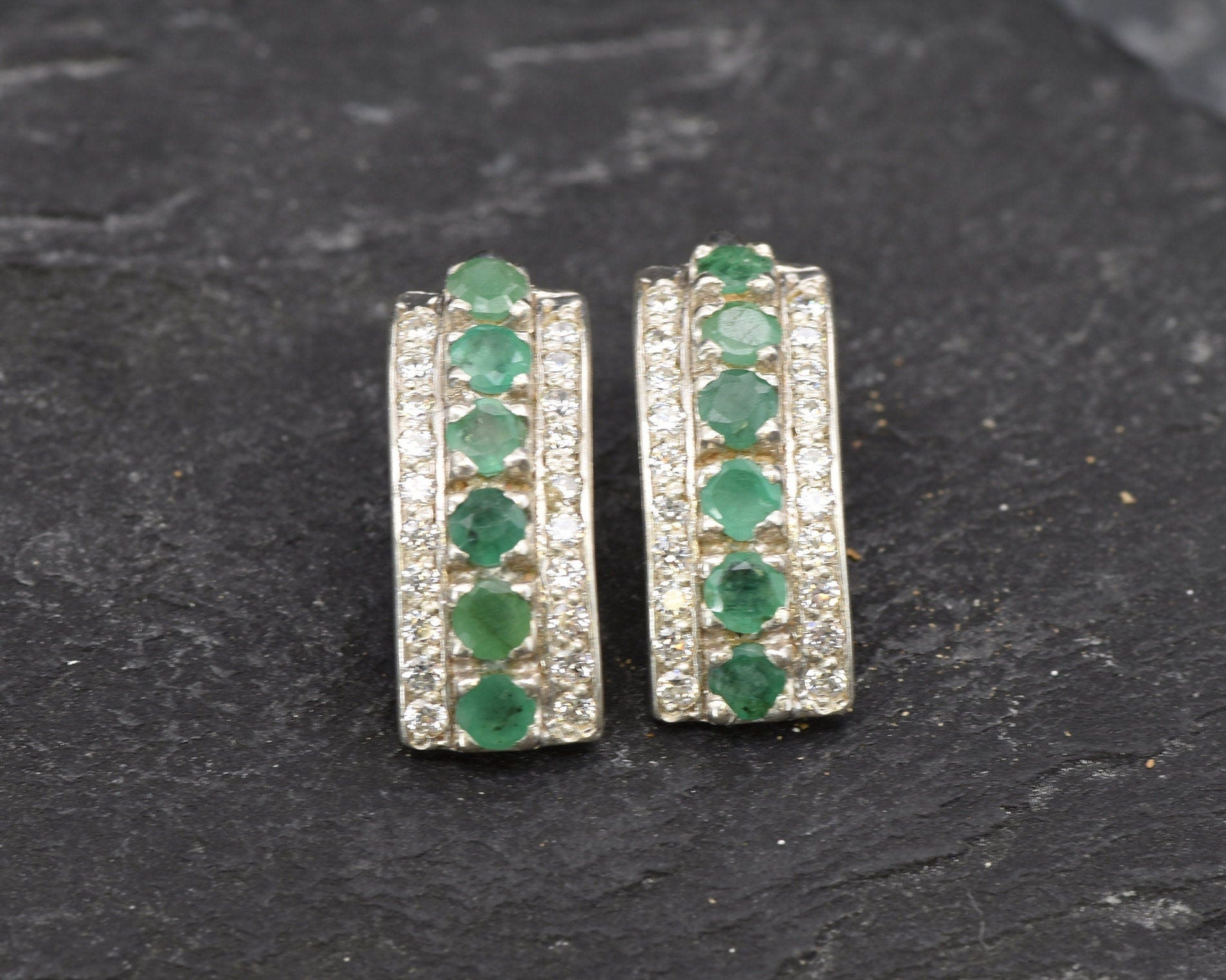 Emerald Earrings, Natural Emerald, May Birthstone, Triple Earrings, Green Stone Earrings, Vintage Earrings, Silver Earrings, 925 Silver
