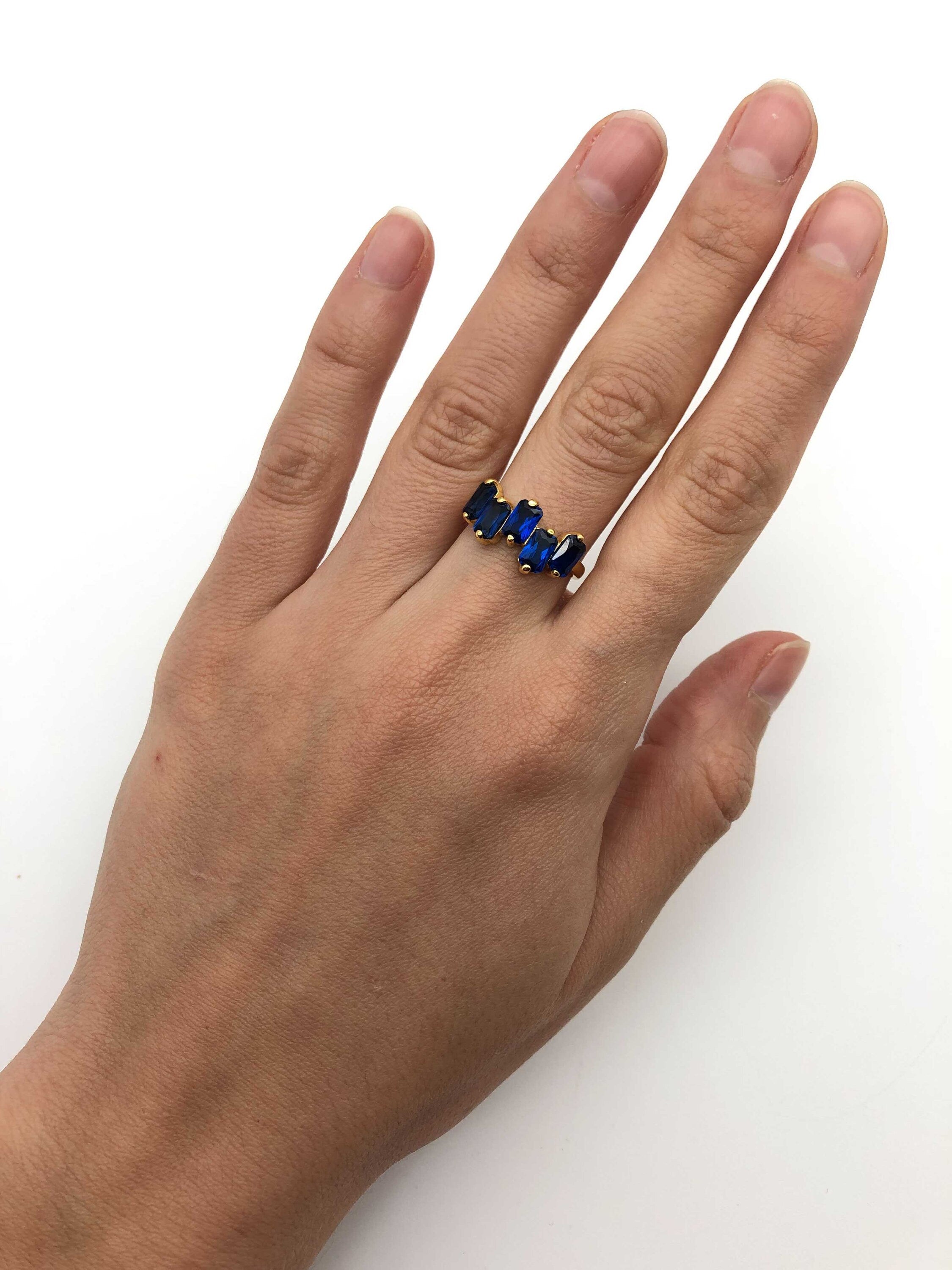 Gold Sapphire Ring, Baguette Ring, Created Sapphire, Gold Sapphire Band, Emerald Cut Ring, Gold Vermeil Ring, Blue Sapphire Ring, Blue Ring