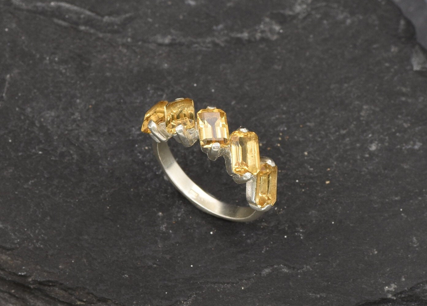 Emerald Cut Ring, Natural Citrine, Baguette Band, Yellow Citrine Ring, Half Eternity Band, November Birthstone, Asymmetric Ring, 925 Silver