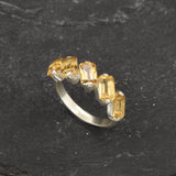 Emerald Cut Ring, Natural Citrine, Baguette Band, Yellow Citrine Ring, Half Eternity Band, November Birthstone, Asymmetric Ring, 925 Silver