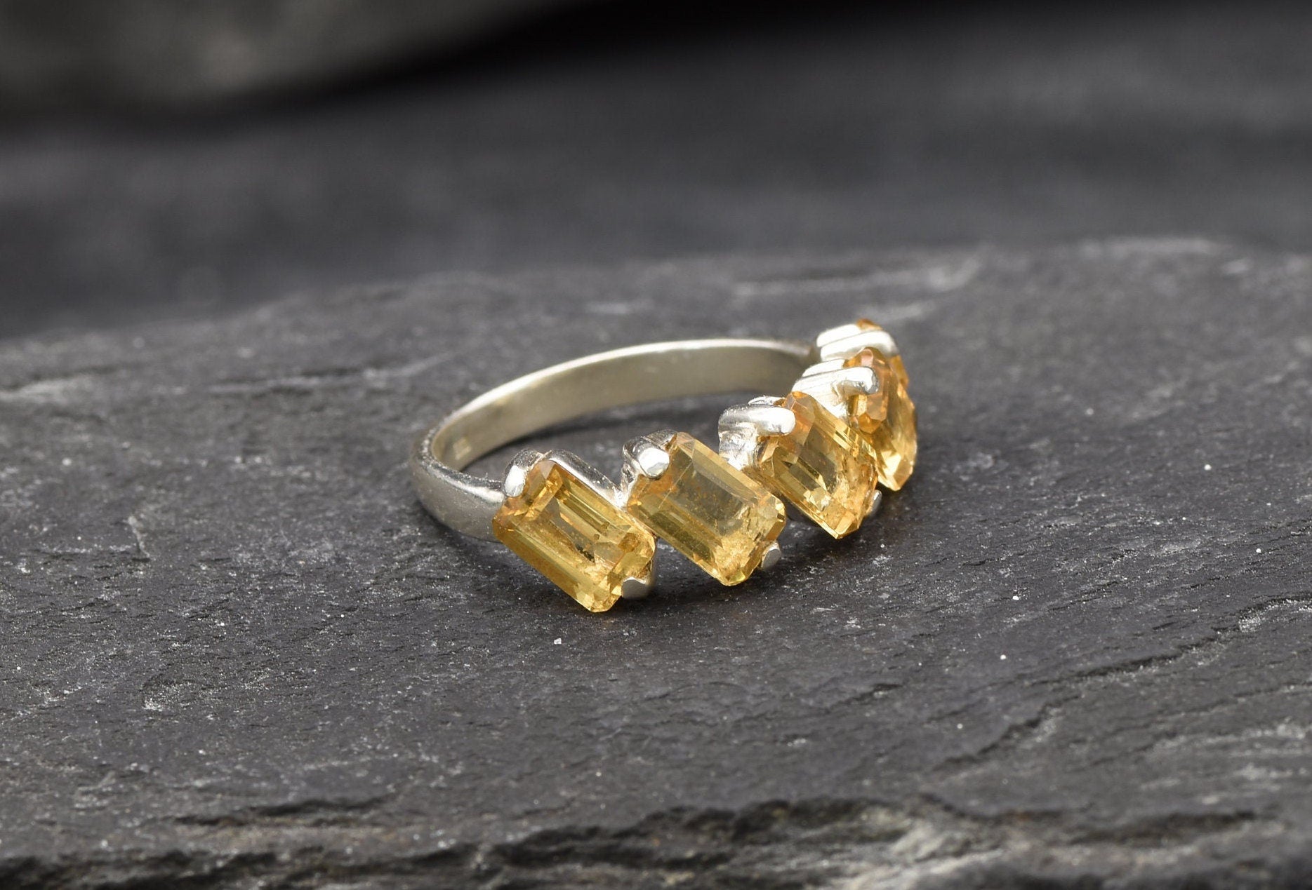Emerald Cut Ring, Natural Citrine, Baguette Band, Yellow Citrine Ring, Half Eternity Band, November Birthstone, Asymmetric Ring, 925 Silver