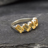 Emerald Cut Ring, Natural Citrine, Baguette Band, Yellow Citrine Ring, Half Eternity Band, November Birthstone, Asymmetric Ring, 925 Silver