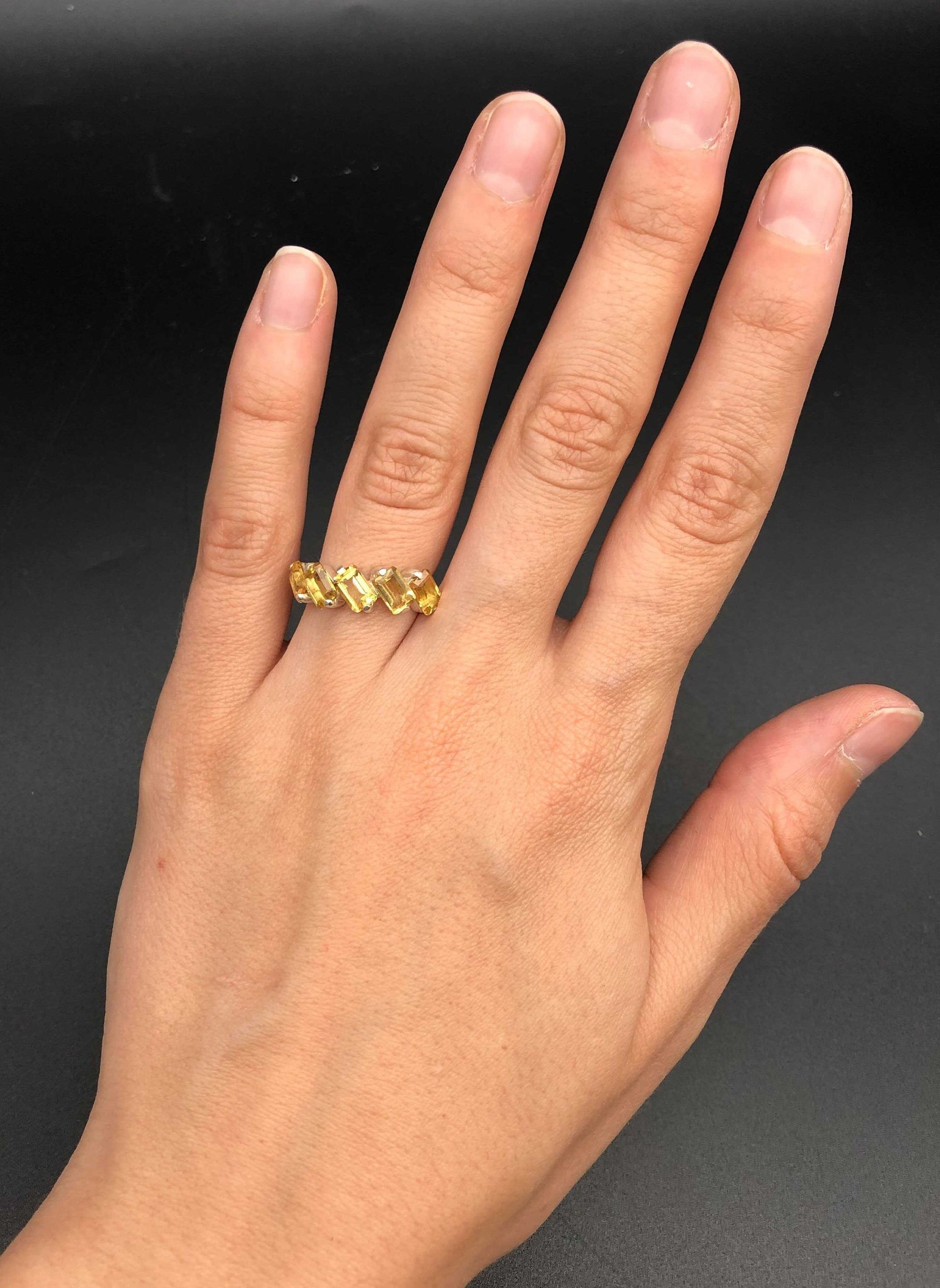 Emerald Cut Ring, Natural Citrine, Baguette Band, Yellow Citrine Ring, Half Eternity Band, November Birthstone, Asymmetric Ring, 925 Silver