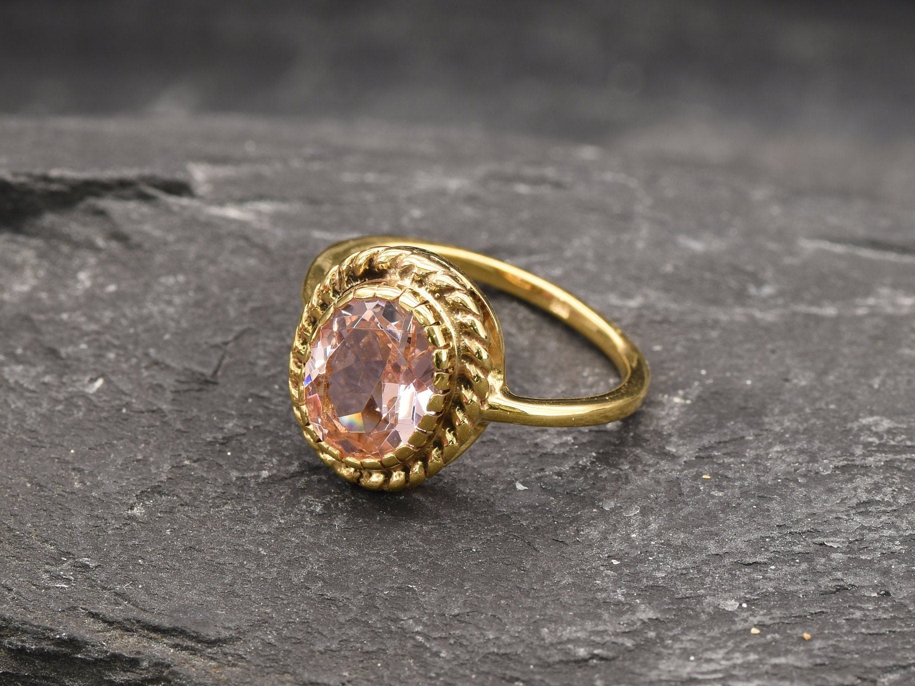 Gold Morganite Ring, Gold Victorian Ring, Created Morganite, Pink Diamond Ring, Morganite Ring, Gold Antique Ring, Solitaire Ring, Vermeil