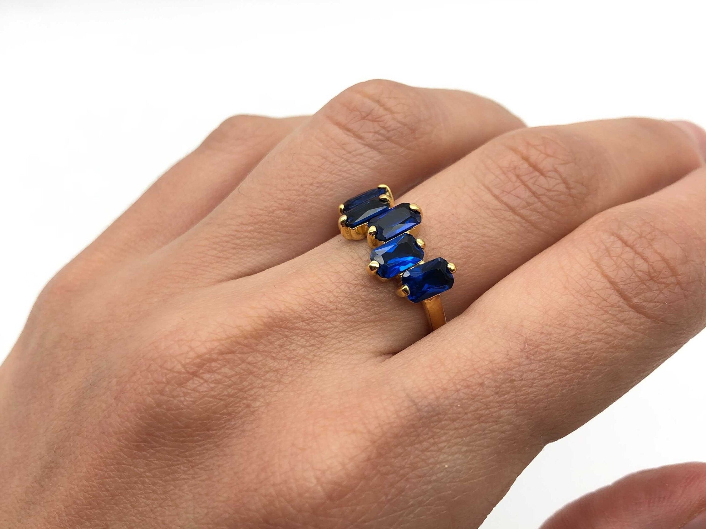 Gold Sapphire Ring, Baguette Ring, Created Sapphire, Gold Sapphire Band, Emerald Cut Ring, Gold Vermeil Ring, Blue Sapphire Ring, Blue Ring