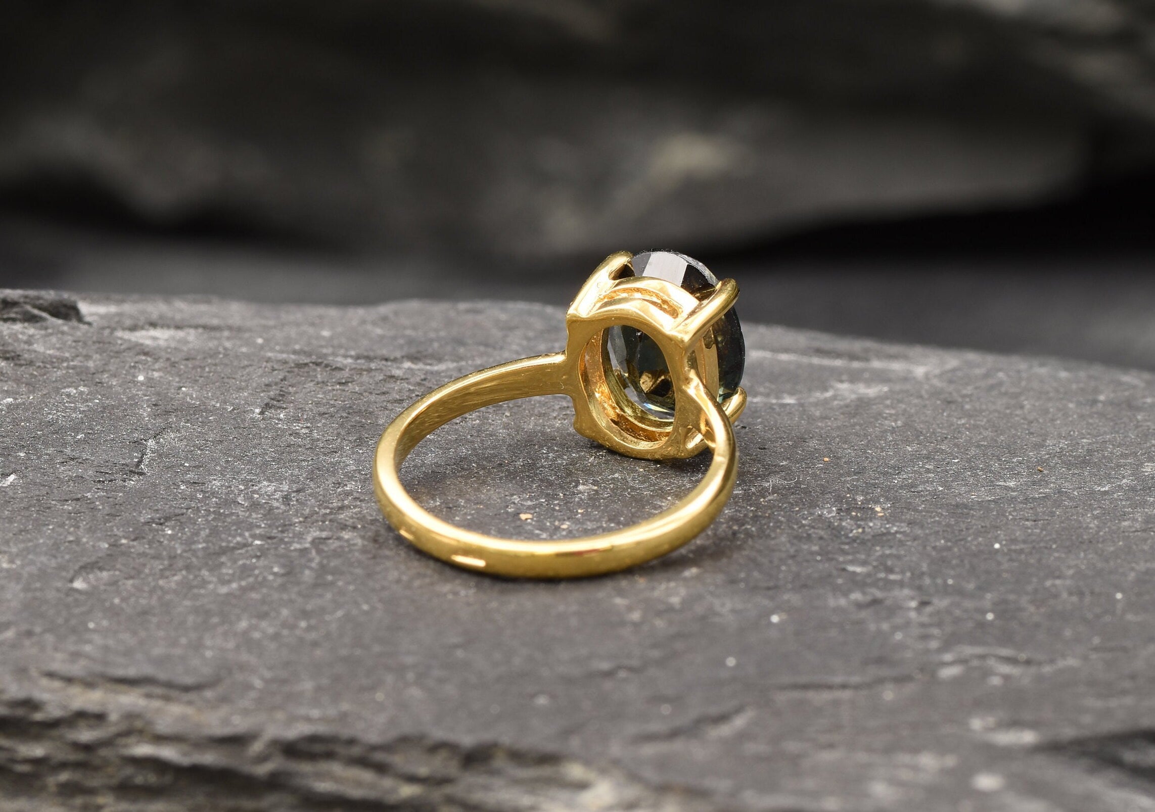 Oval Dark Green Diamond Proposal Ring in Gold Vermeil