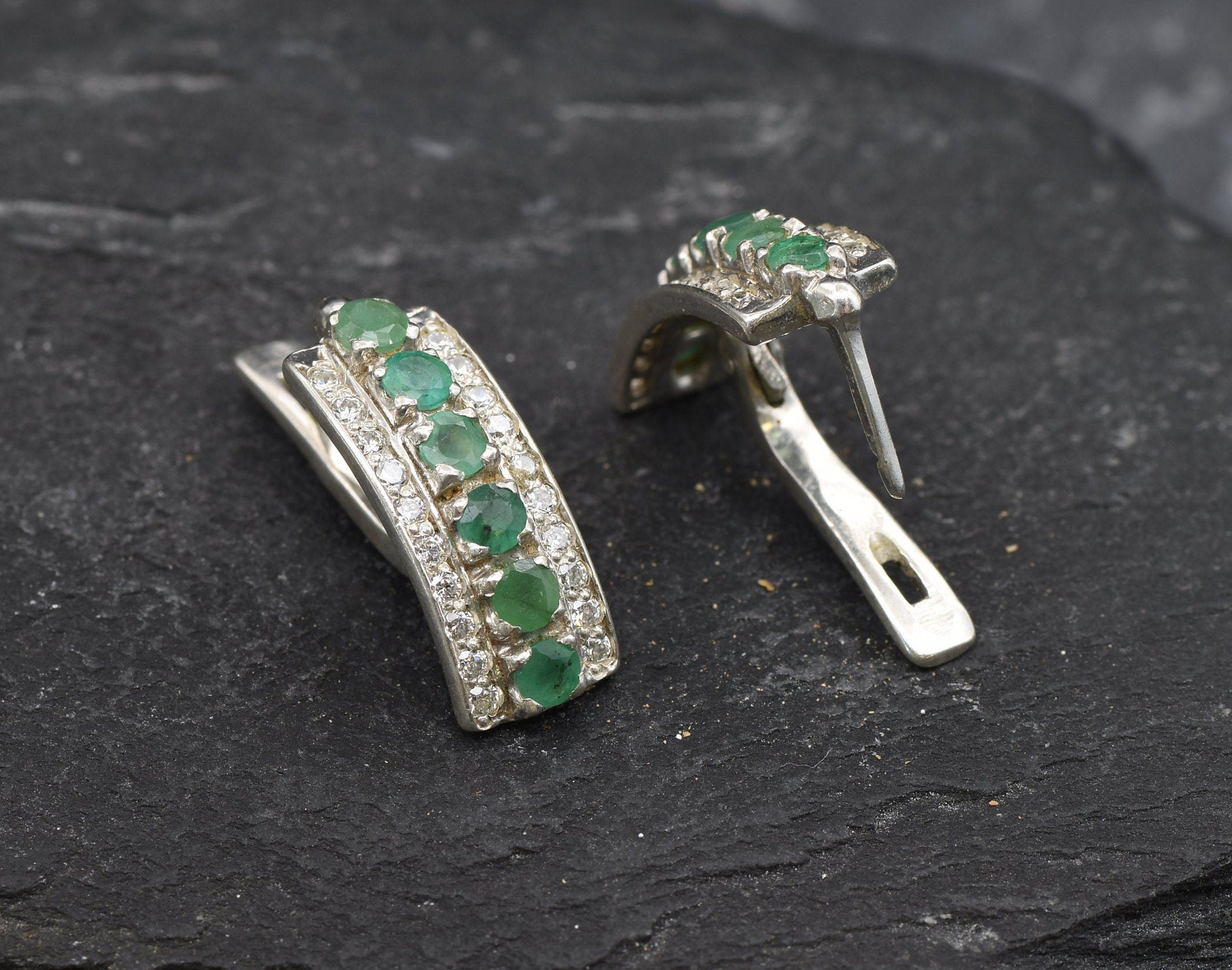 Emerald Earrings, Natural Emerald, May Birthstone, Triple Earrings, Green Stone Earrings, Vintage Earrings, Silver Earrings, 925 Silver
