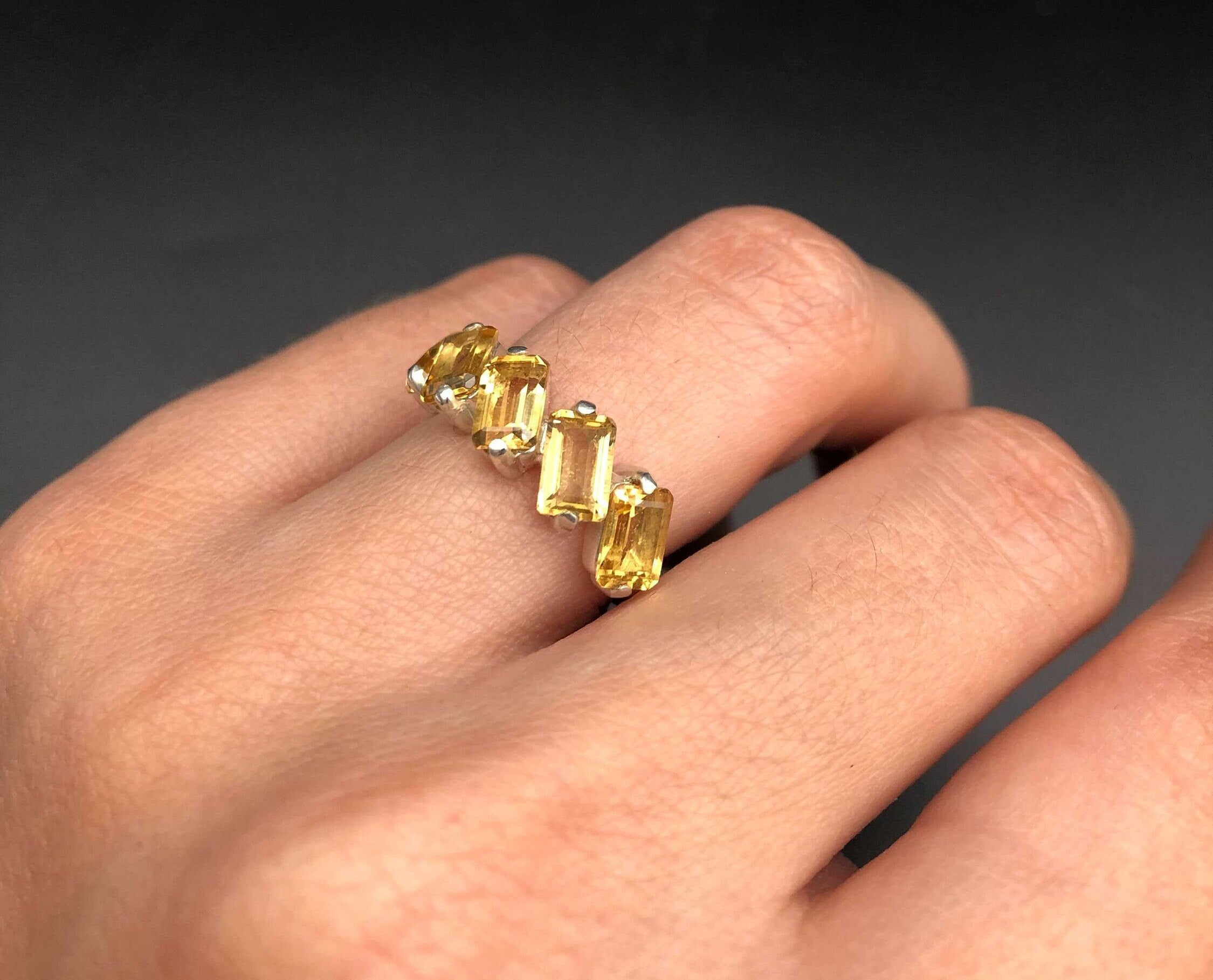 Emerald Cut Ring, Natural Citrine, Baguette Band, Yellow Citrine Ring, Half Eternity Band, November Birthstone, Asymmetric Ring, 925 Silver