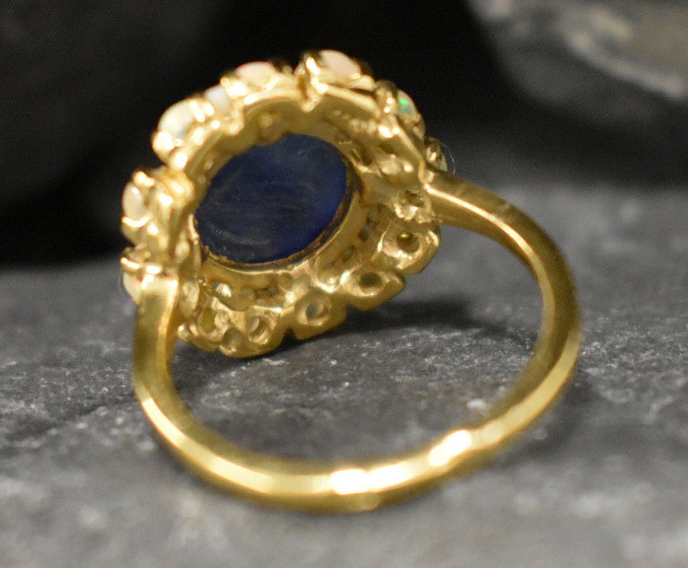 Gold Kyanite Ring, Natural Kyanite, Natural Fire Opal, Gold Victorian Ring, Gold Plated Ring, Blue Flower Ring, Statement Ring, Vermeil Ring
