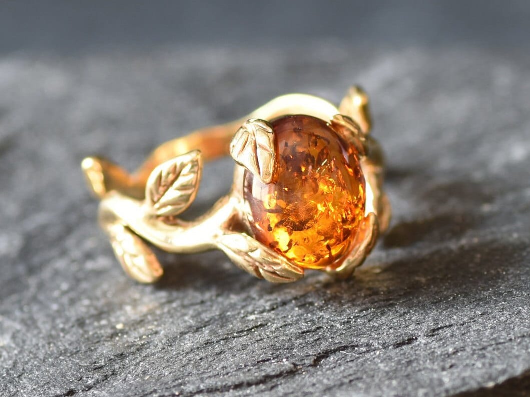 Gold Amber Ring, Natural Amber, Gold Leaf Ring, Branch Ring, Vintage Ring, Gold Plated Ring, Amber Ring, Proposal Ring, Gold Vermeil Ring