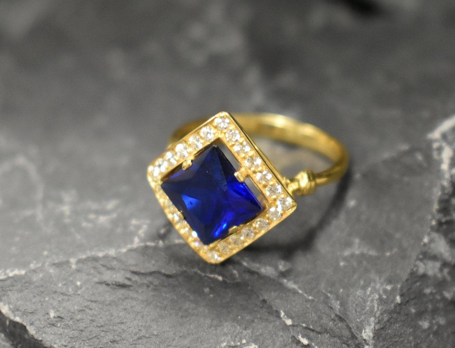 Gold Sapphire Ring, Sapphire Ring, Created Sapphire, Gold Square Ring, Royal Blue Ring, Blue Vintage Ring, 18K Gold Ring, 925 Silver Ring