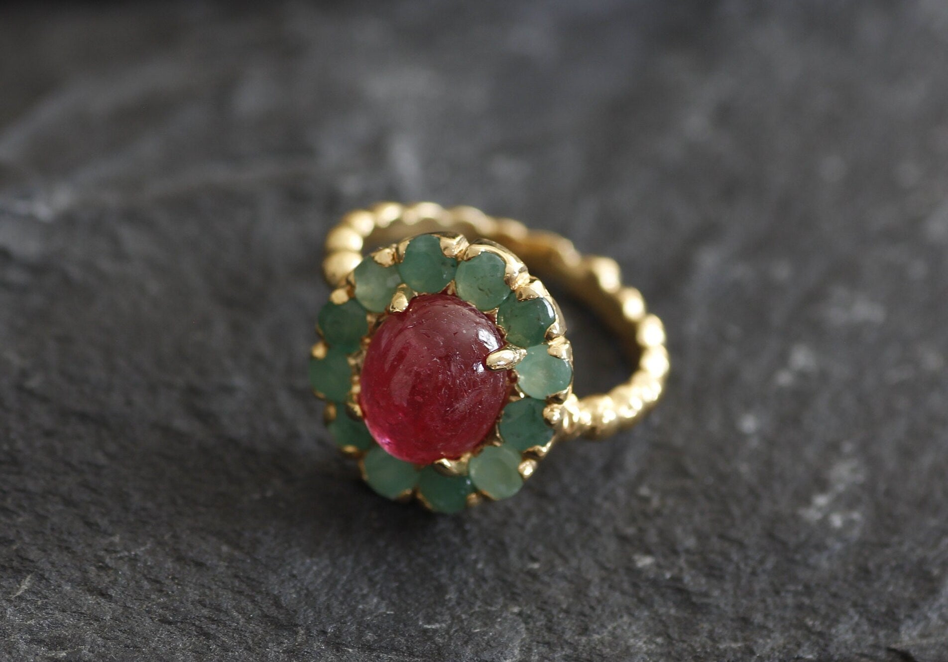 Gold Real Ruby Victorian Ring with Emerald Halo