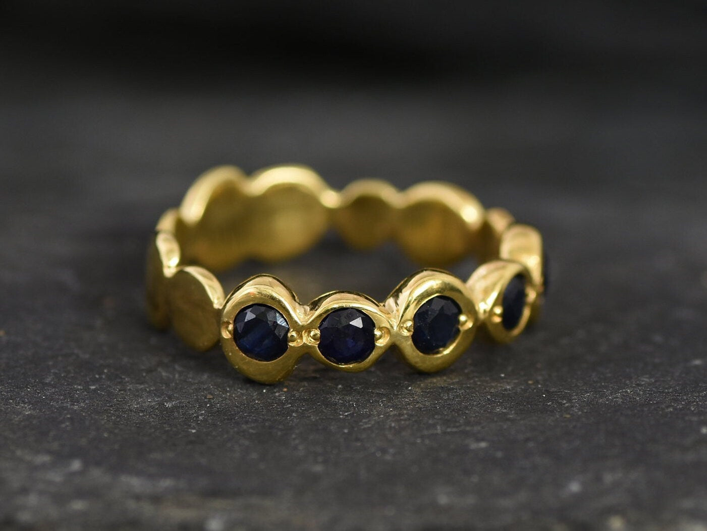 Gold Sapphire Ring, Natural Sapphire, Gold Bubble Band, September Birthstone, Vintage Ring, Blue Boho Ring, Gold Plated Ring, Vermeil Ring