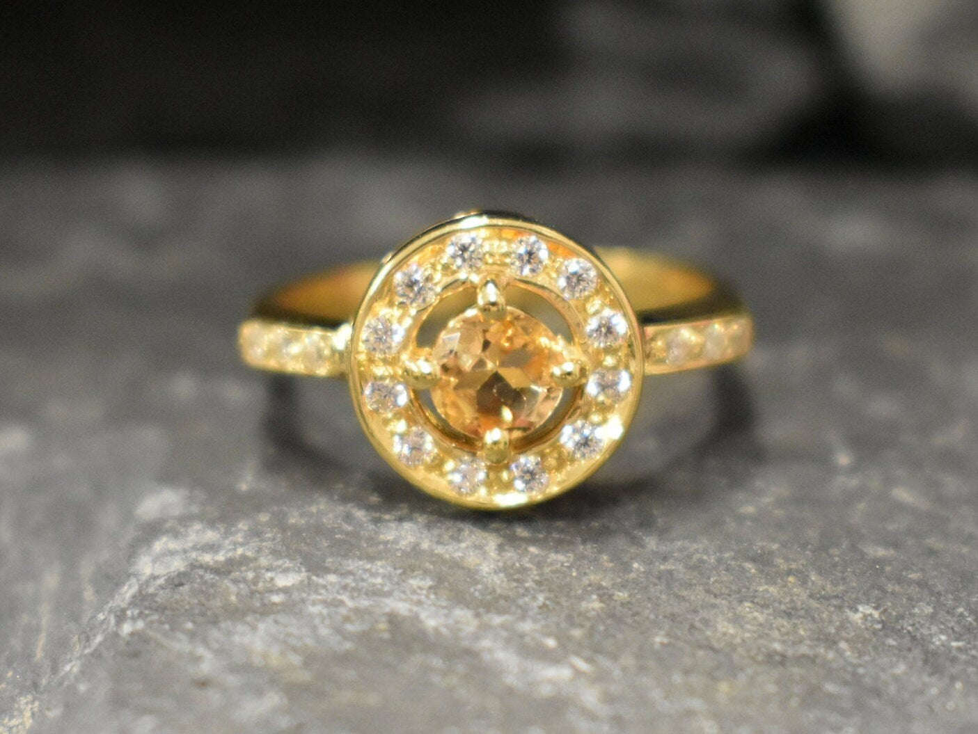 Dainty Cluster Citrine Ring with Halo in Gold Vermeil