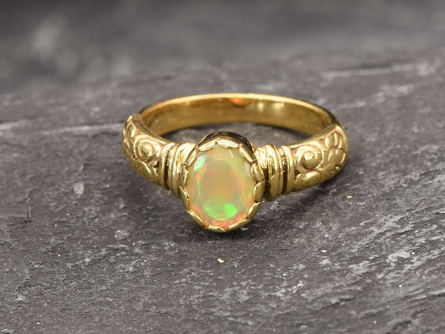 Fire Opal Ring, Natural Fire Opal, Gold Opal Ring, Boho Ring, October Birthstone, Tribal Ring, Bohemian Ring, Wide Band, Gold Vermeil Ring