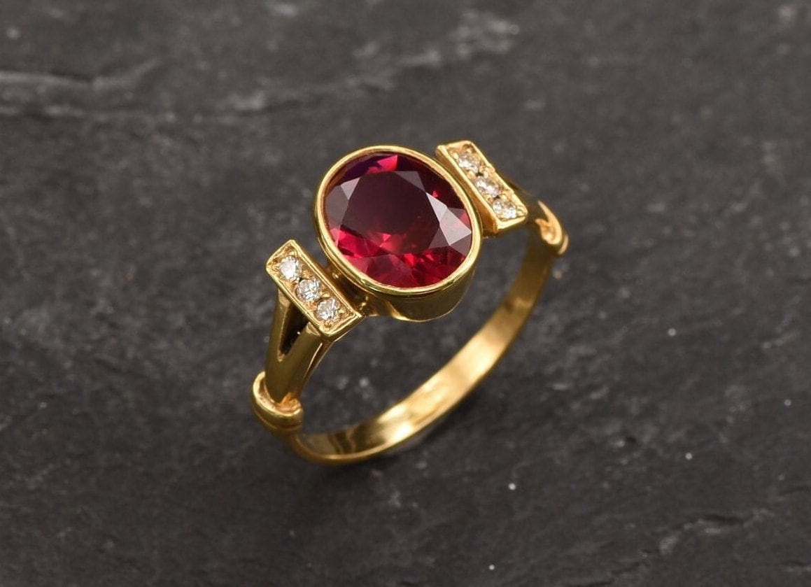 Gold Ruby Ring, Created Ruby, Gold Antique Ring, Promise Ring, Gold Plated Ring, Vintage Ring, Deep Red Ring, Ruby Ring, Gold Vermeil Ring