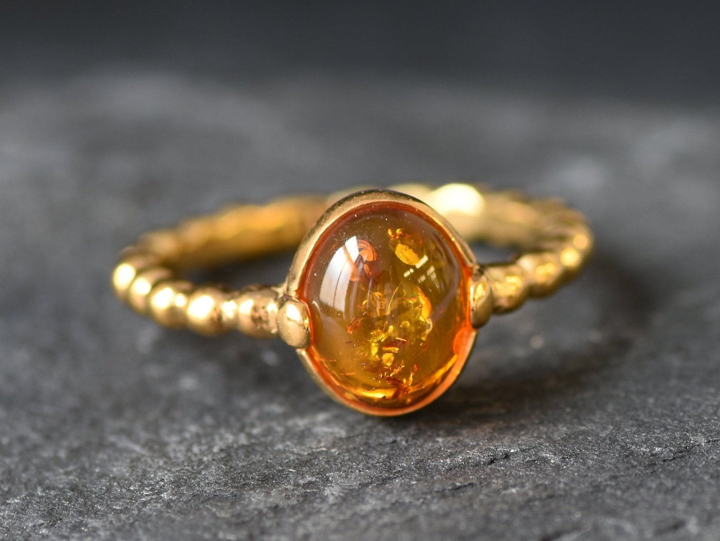 Gold Amber Ring, Natural Amber, Gold Plated Ring, Solitaire Ring, 3 Carat Ring, Honey Stone Ring, Bubble Band, Stackable Ring, Gold Vermeil