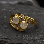 Gold Moonstone Ring, Natural Rainbow Moonstone, Bypass Ring, Christmas Gift Ring, Antique Ring, Two Stone Ring, Vintage Ring, Gold Vermeil -