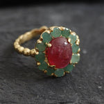 Gold Real Ruby Victorian Ring with Emerald Halo