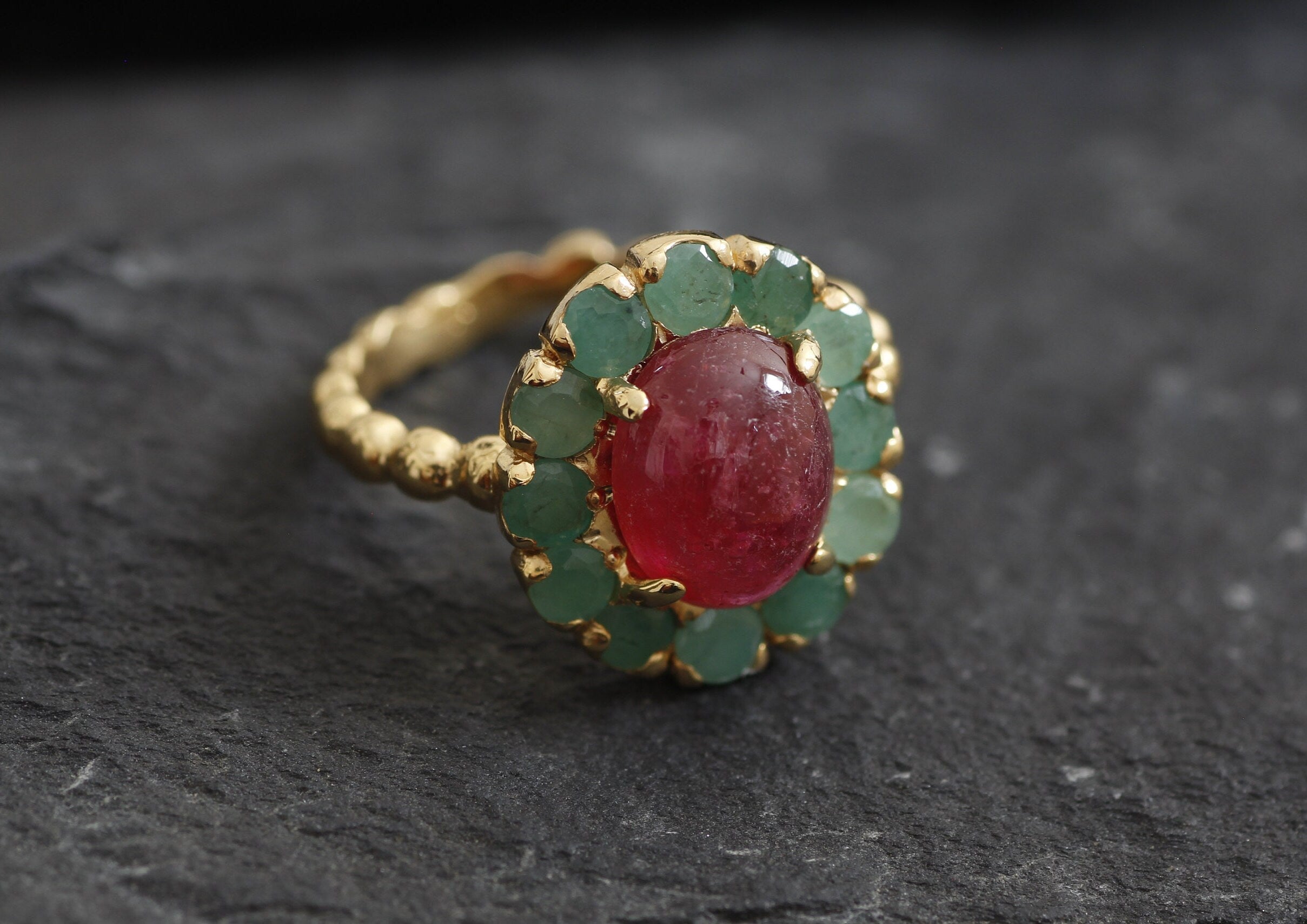 Gold Ruby Ring, Natural Ruby, Natural Emerald, Victorian Ring, Gold Plated Ring, Vintage Ring, Halo Ring, 3 Carat Oval Ring, Vermeil Ring