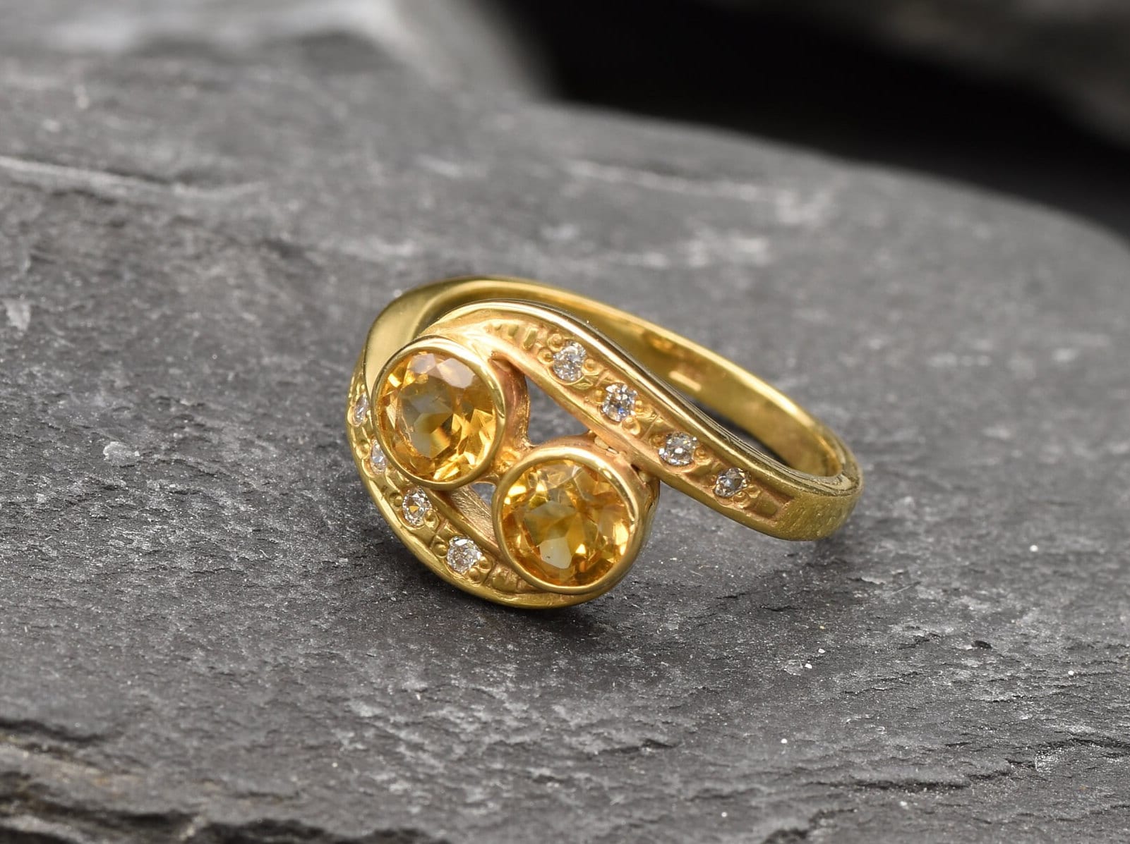 Gold Citrine Ring, Two Stone Ring, Natural Citrine, Gold Bypass Band, November Birthstone, Gift for Her, Yellow Diamond, Gold Vermeil Ring