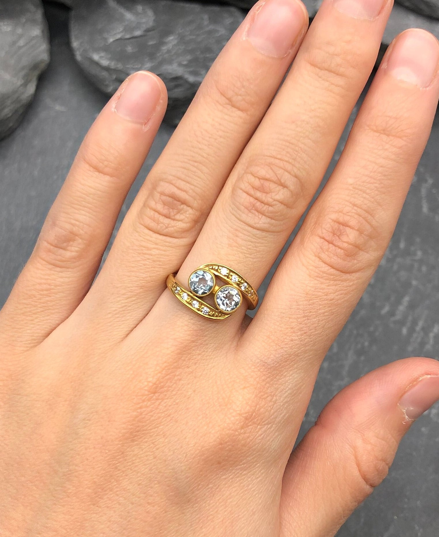 Gold Blue Topaz Ring, Natural Sky Blue Topaz, Bypass Ring, Christmas Gift, Antique Ring, Two Stone Ring, December Birthstone, Gold Vermeil