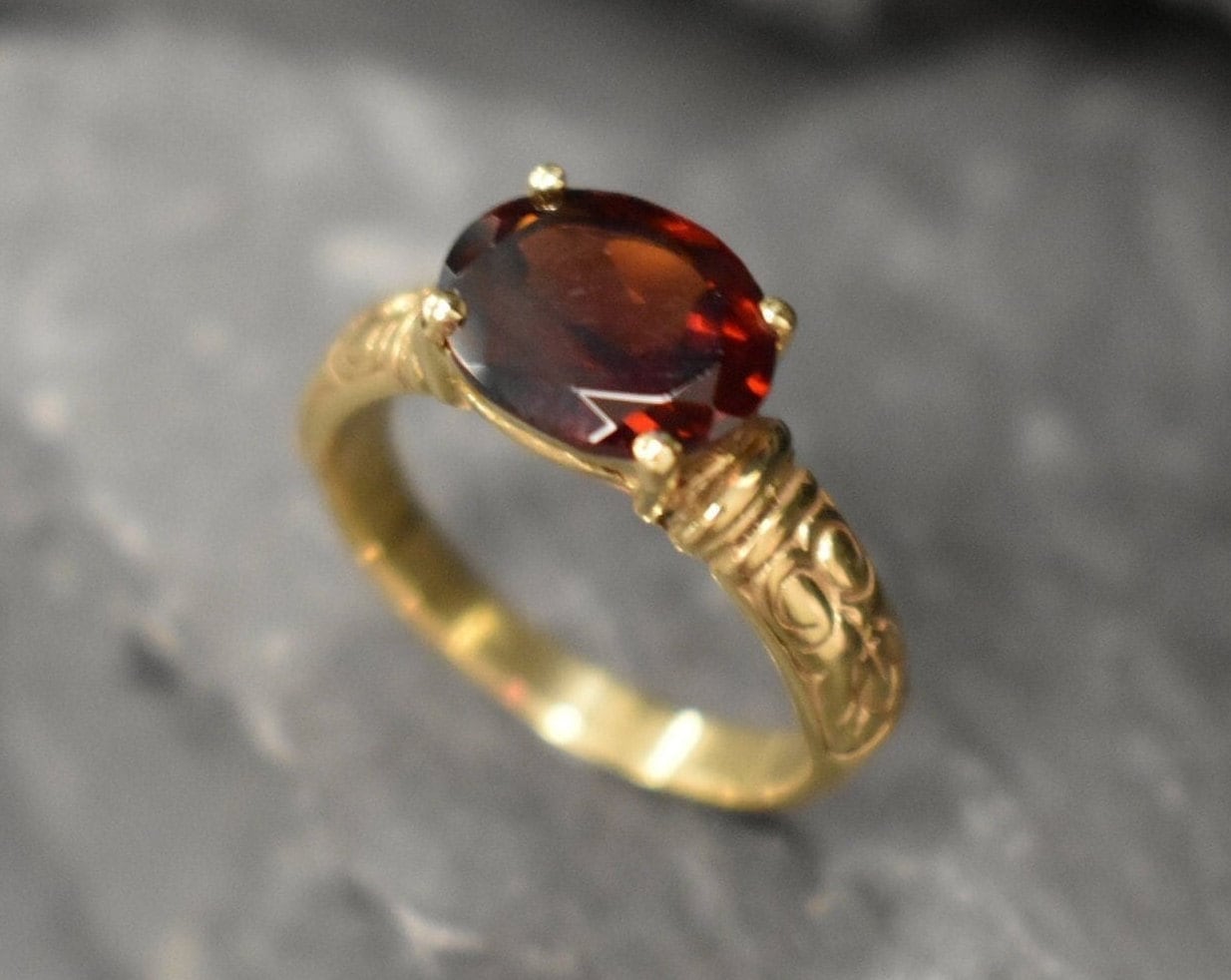 Gold Garnet Ring, Garnet Ring, Natural Garnet, January Birthstone, Tribal Ring, Gold Vintage Ring, Gold Horizontal Ring, Red Diamond Ring