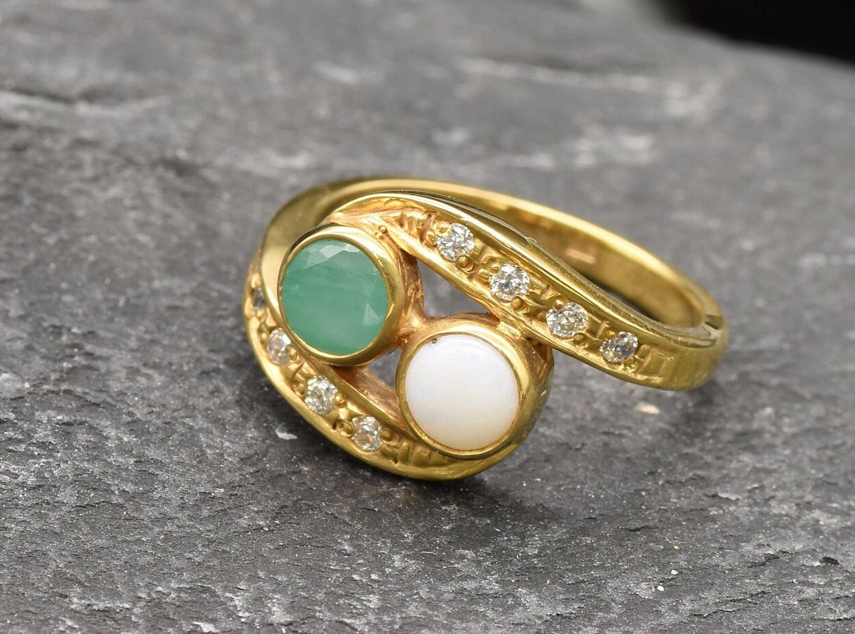 Gold Opal Ring, Natural Emerald Ring, Australian Opal, Bypass Ring, Valentine Ring For Her, Anniversary Gift, Genuine Opal, 18K Gold Vermeil