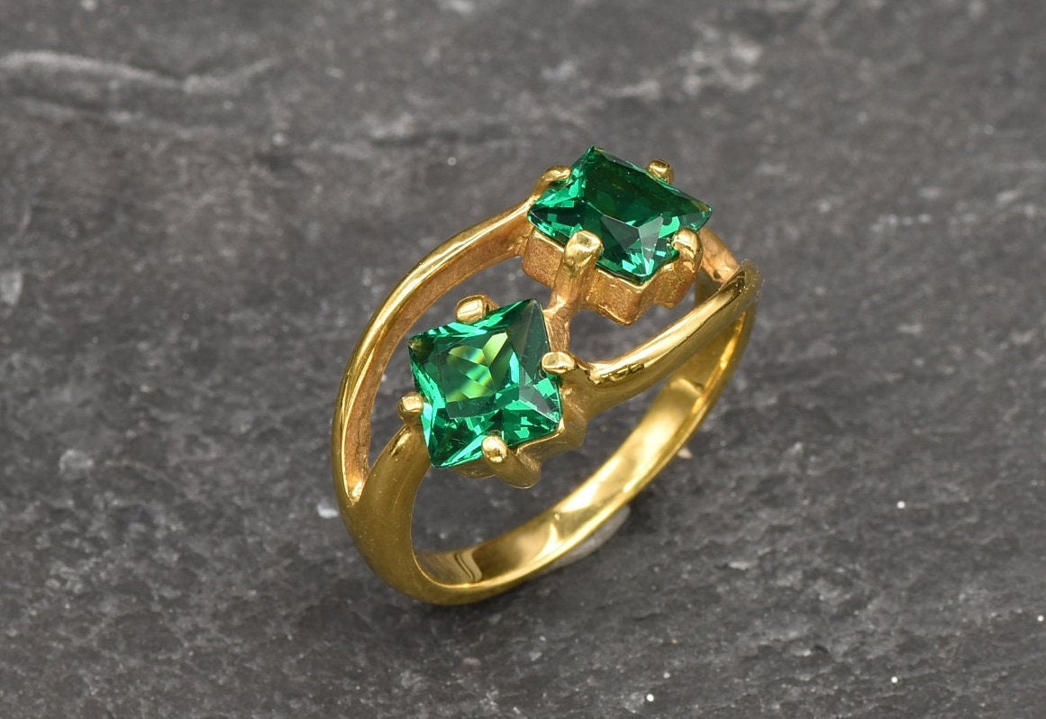 Gold Emerald Ring, Created Emerald, Two Stone Ring, Square Ring, Asymmetric Ring, Forever Us Ring, Statement Ring, Unique Ring, Gold Vermeil