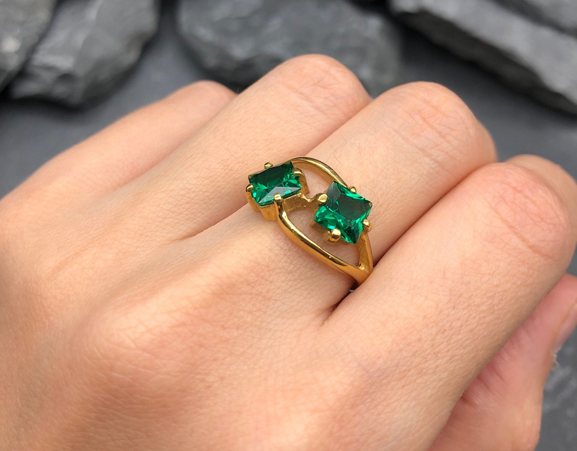 Gold Emerald Ring, Created Emerald, Two Stone Ring, Square Ring, Asymmetric Ring, Forever Us Ring, Statement Ring, Unique Ring, Gold Vermeil