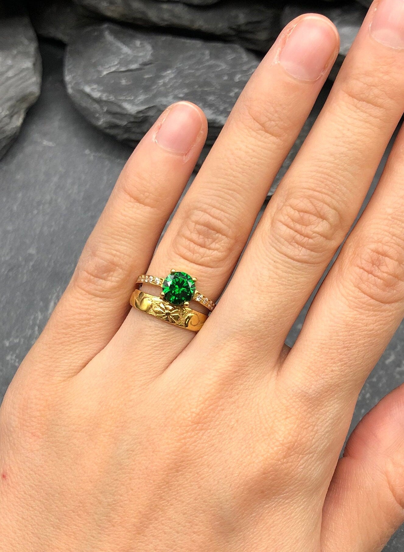 Gold Emerald Ring, Created Emerald, Double Band Ring, Two Rings Set, Vintage Ring, Stacked Rings, Green Stone Ring, Round Ring, Gold Vermeil