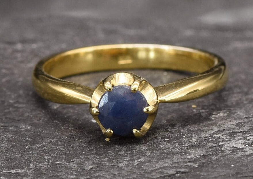 Gold Sapphire Ring, Natural Sapphire, Engagement Ring, Promise Ring, Blue Solitaire Ring, Proposal Ring, Simple Round Ring, Gold Vermeil