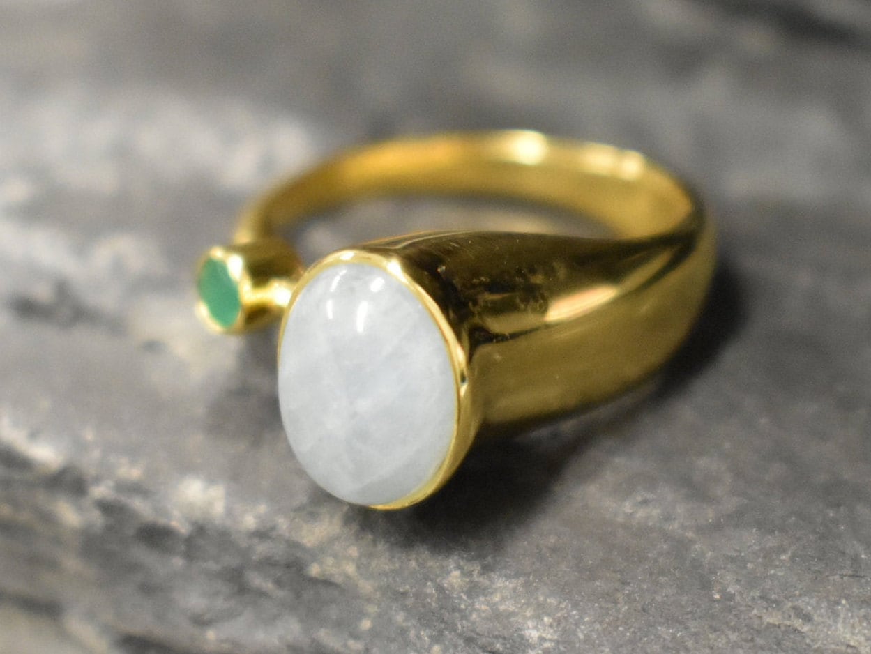 Gold Natural Aquamarine Boho Ring with small Emerald