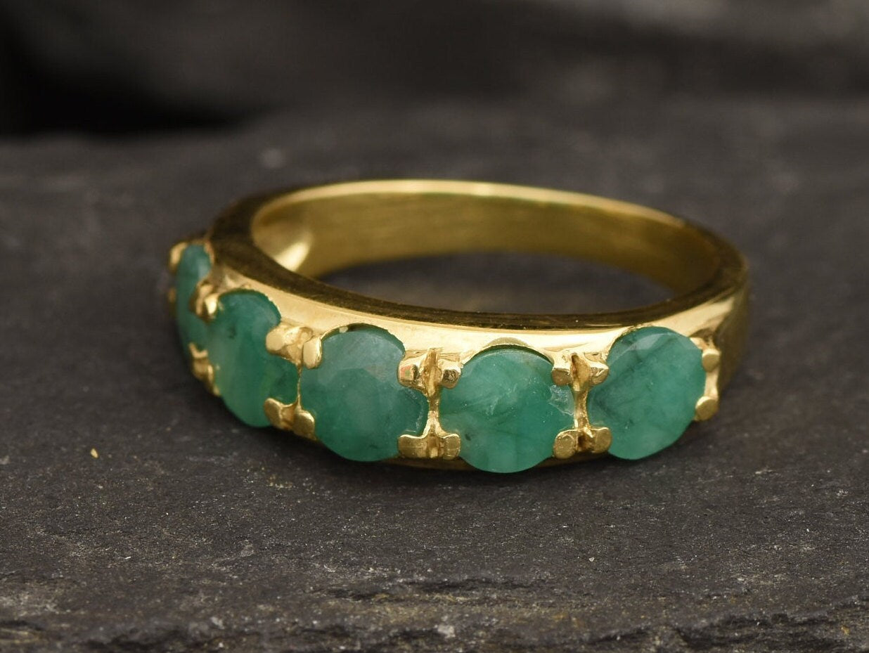 Gold Emerald Ring, Statement Band, Natural Emerald, Gold Plated Band, May Birthstone, Wide Thick Band, Green Boho Ring, Gold Vermeil Ring