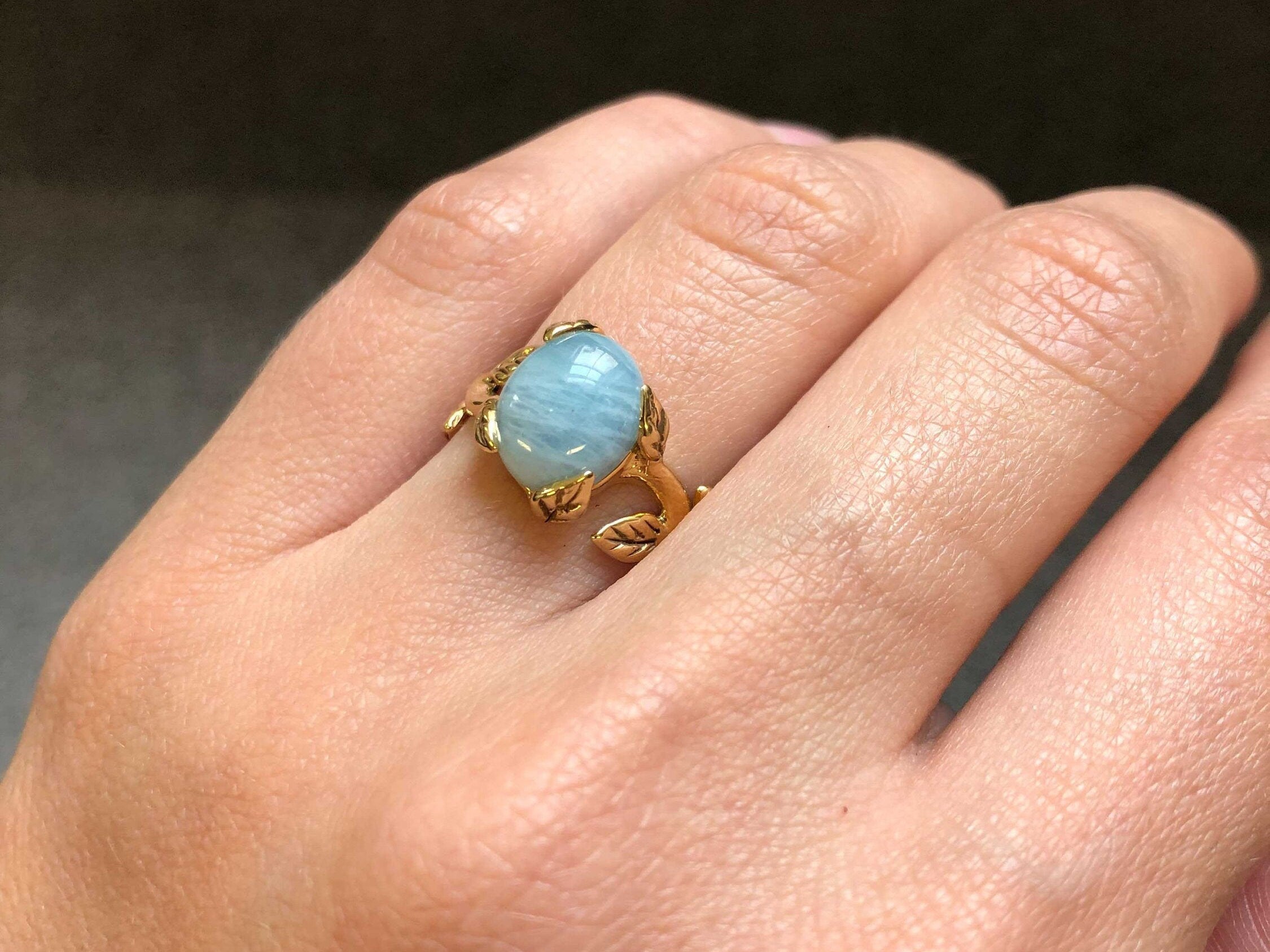 Gold Aquamarine Ring, Natural Aquamarine, Vintage Ring, Gold Leaf Ring, March Birthstone, Gold Antique Ring, Gold Plated Ring, Proposal Ring