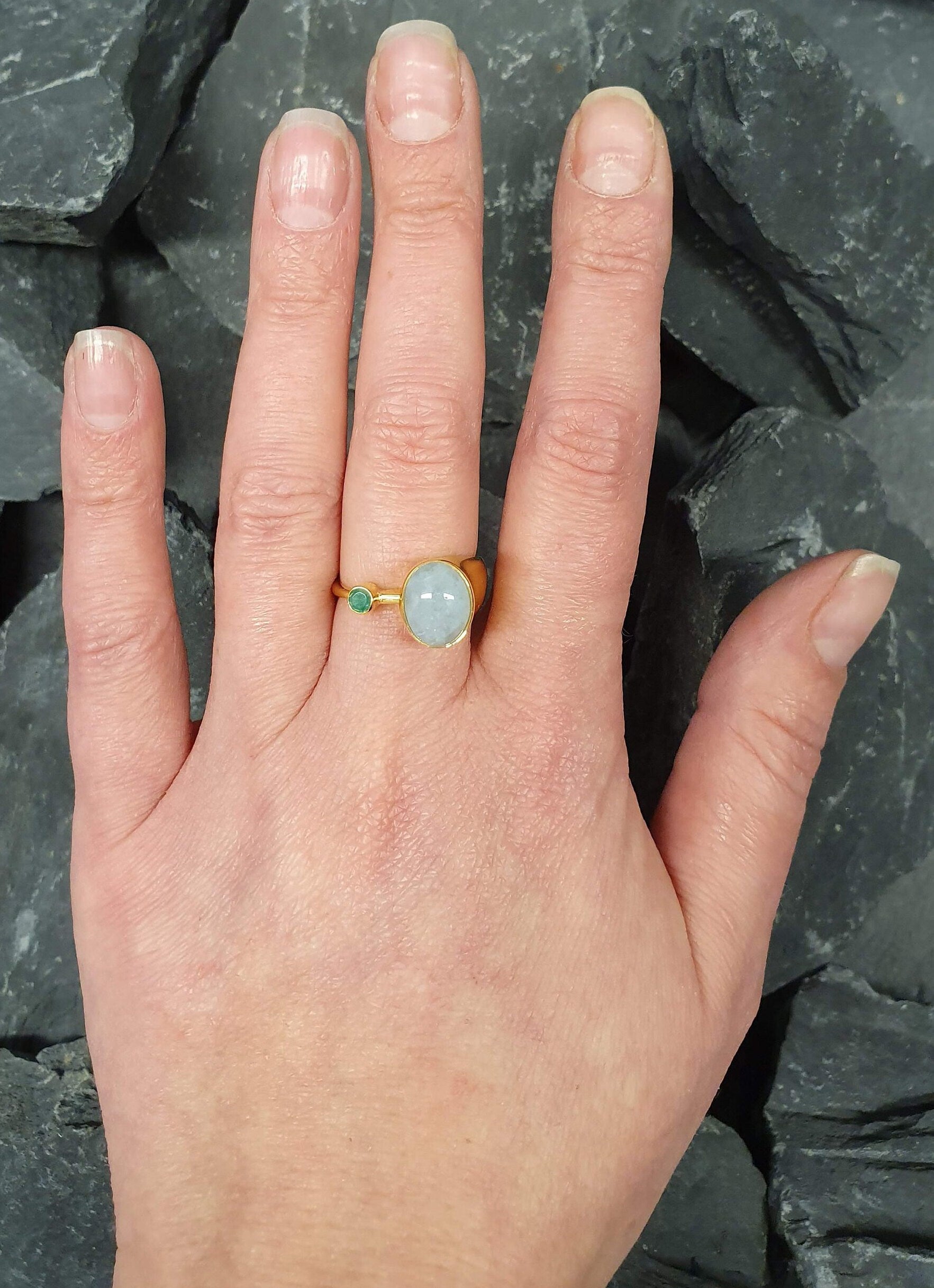 Gold Aquamarine Ring, Natural Aquamarine, Gold Plated Ring, March Birthstone, Two Stone Ring, Boho Ring, Unique Ring, Vermeil Ring, Emerald