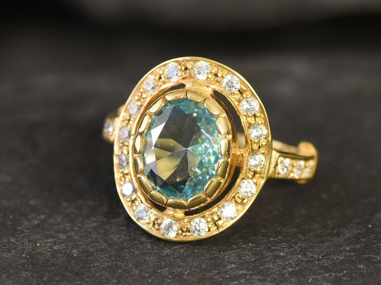 Gold Aquamarine Ring, Created Aqua Ring, Blue Diamond Ring, Vintage Ring, Statement Ring, Victorian Ring, Gold Vermeil Ring, 18K Gold Plated