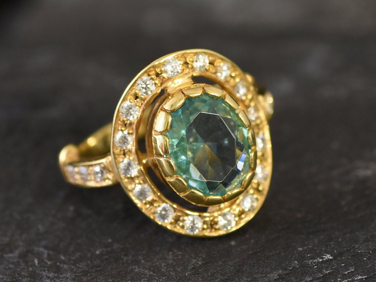 Gold Aquamarine Ring, Created Aqua Ring, Blue Diamond Ring, Vintage Ring, Statement Ring, Victorian Ring, Gold Vermeil Ring, 18K Gold Plated