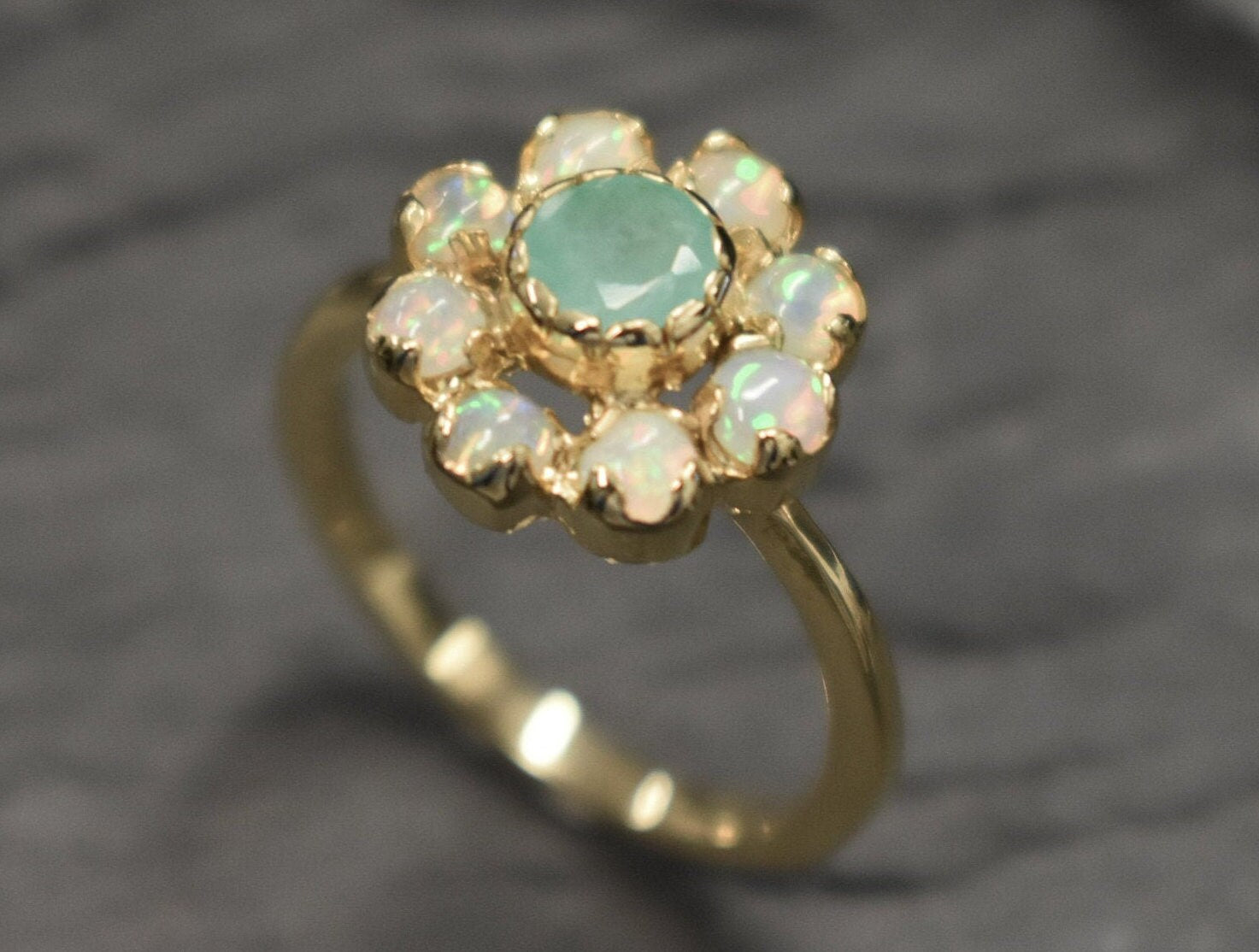 Gold Natural Opal and Emerald Flower Ring