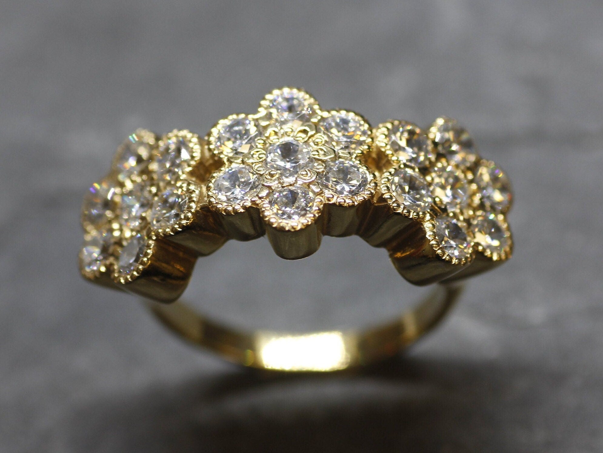 Gold Daisy Band, Flower Ring, Gold Ring, Diamond Flower Ring, Created Diamond, Vintage Ring, Sparkly Ring, Gold Plated Ring, Vermeil Ring
