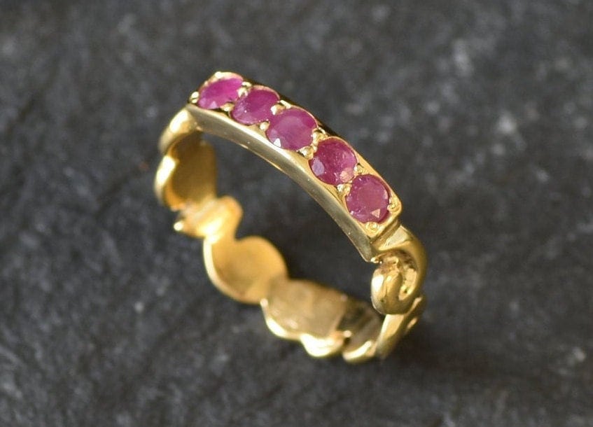 Gold Ruby Ring, Stackable Ring, Natural Ruby, July Birthstone, Vintage Ruby Ring, Gold Wave Band, Half Eternity Ring, July Ring,Gold Vermeil